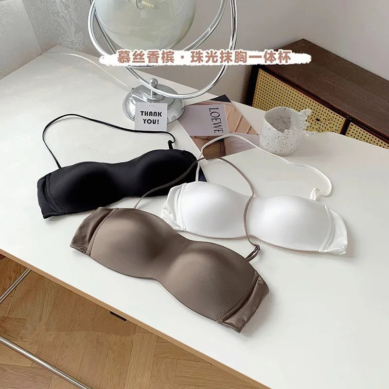 Sexy Japanese Satin Halter Bra Strapless Seamless Two-Way Wear Adjustable Comfort Back Fit Wirefree Lingerie Set S-XL MOYISU Bra