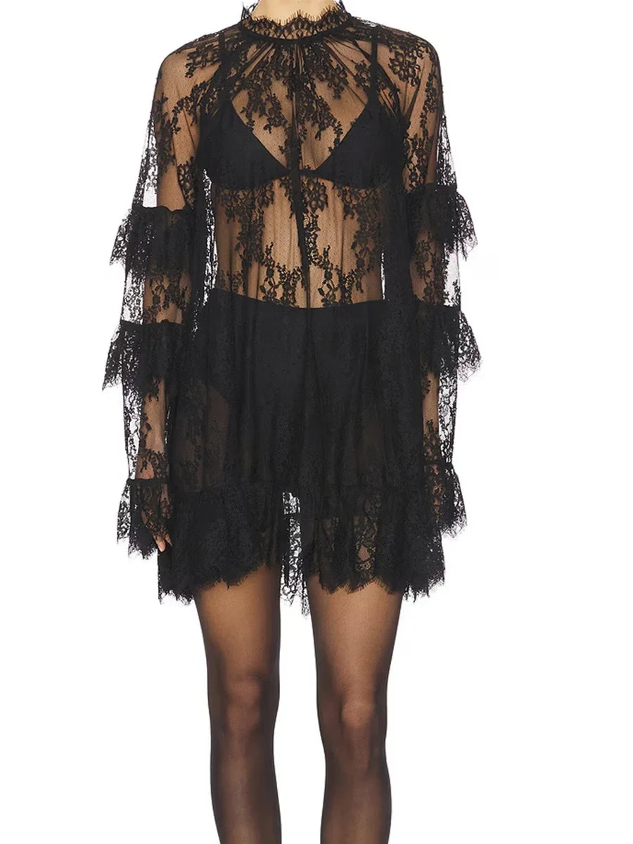 Women See Through Lace Dress Layered Flare Long Sleeve Crew Neck Ruffle Dress for Party Cocktail Club Dress Cover-ups
