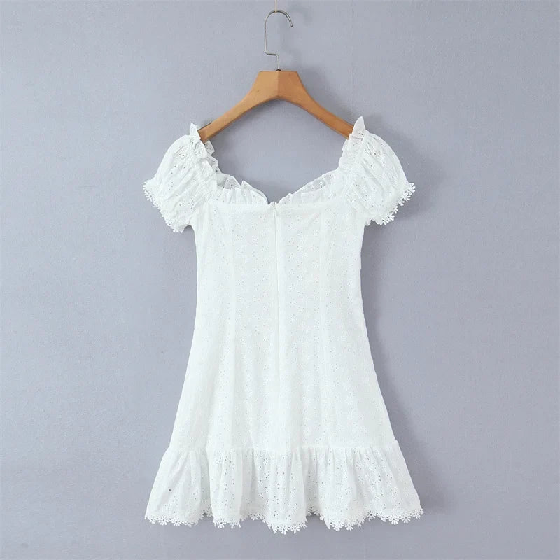 One-shoulder Off-the-shoulder Puff Sleeve Dress For Women With Hollowed-out Chest Embroidered Straps Pure Desire Dress 534Q