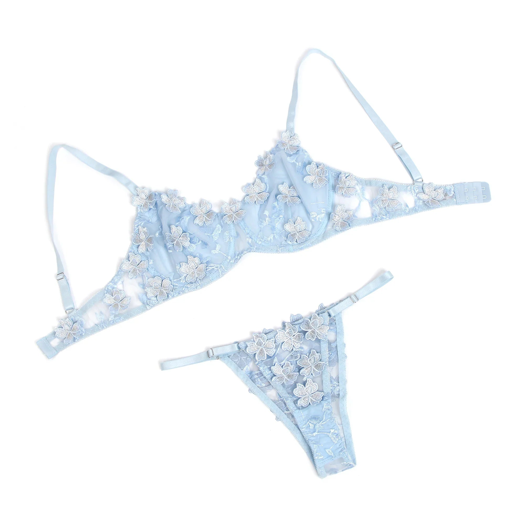 Blue Floral Lace Mesh Bra and Panties Set for Women Push Up Underwire Adjustable Straps Daily Sleepwear Romantic Fancy Lingerie