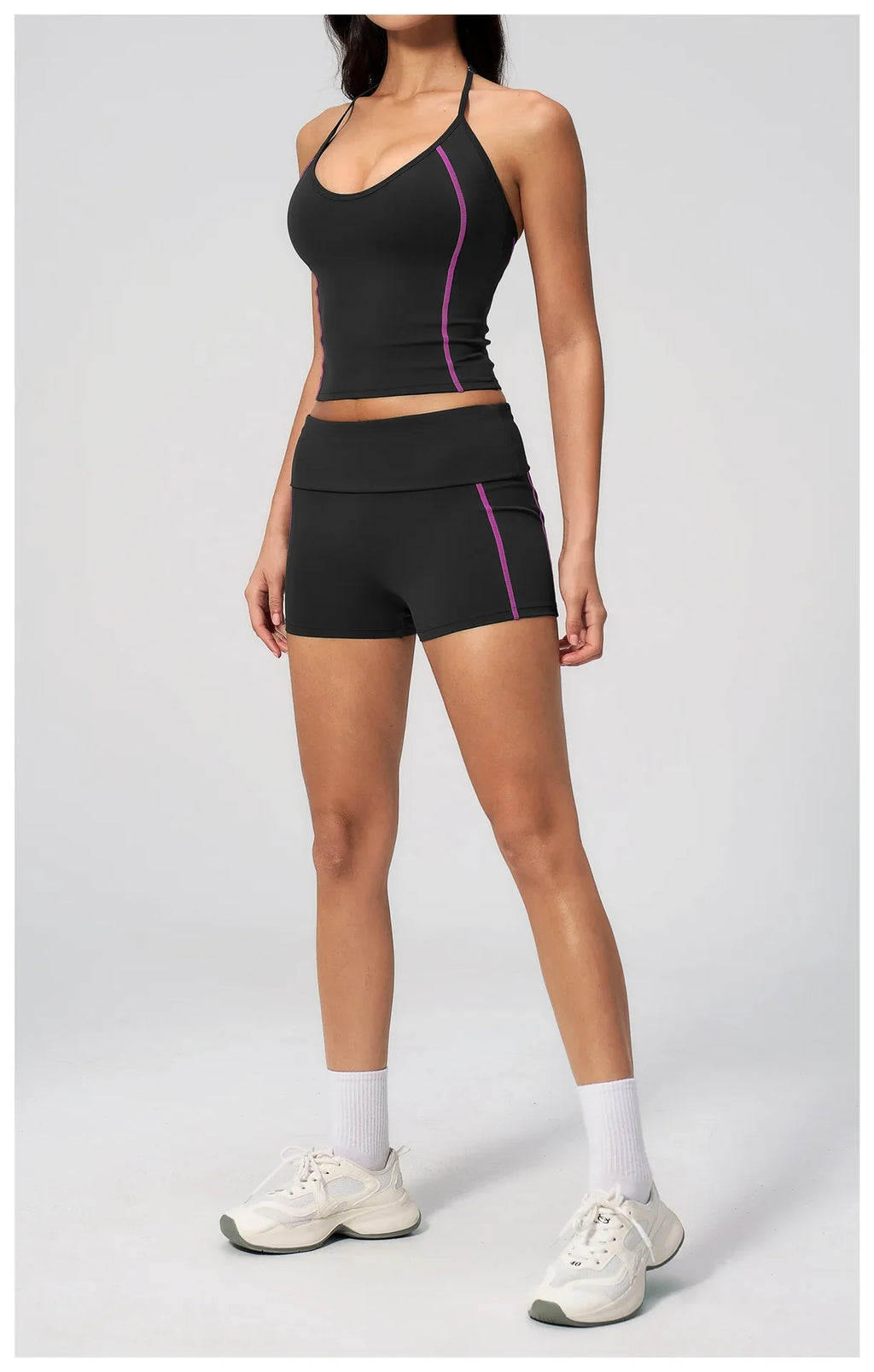 2PCS Women Yoga Sets Color Contrast Hanging Neck V Neck Slimming Sports Tank Top Flip High Waist Shorts Gym Running Fitness Suit
