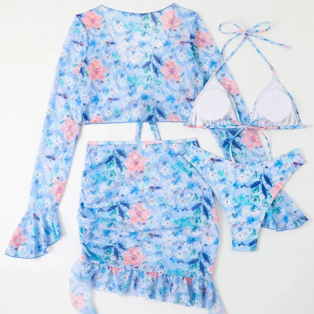 4 Pieces String Bikinis 2026 Women Sexy Swimwear Female Floral Swimsuit Bathers Bathing Swimming Swim Suit Beachwear Summer