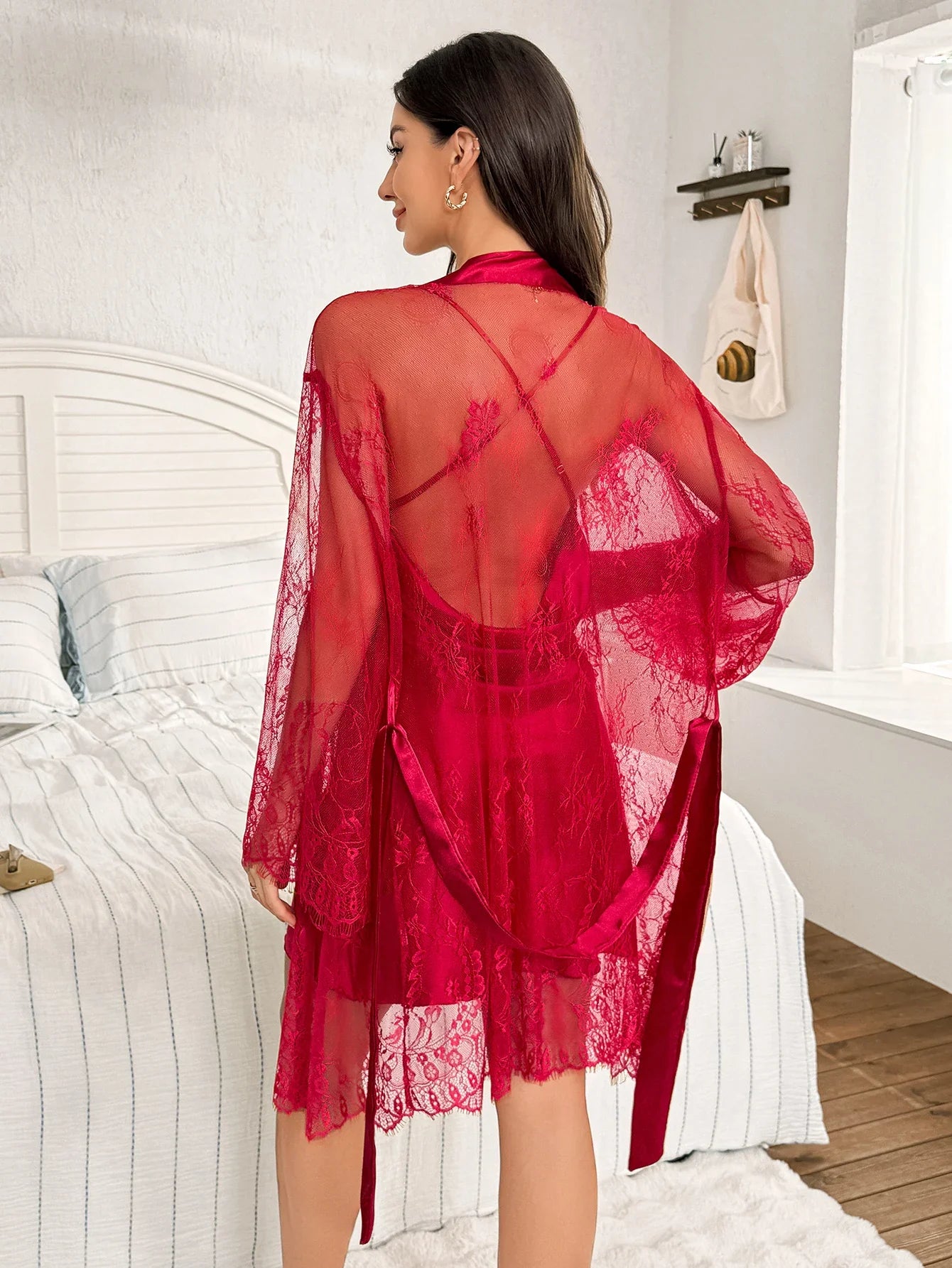 Hot Selling Solid Color Polyester Nightgown Lace See Through Robe For Women 2pcs Set
