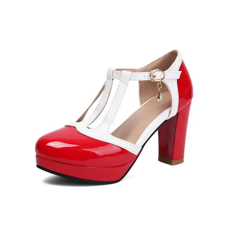 Spring Autumn New Style Fashion High-heeled Women's Shoes Color Block Round Head Shallow Mouth Buckle Square Heel Women's Shoes