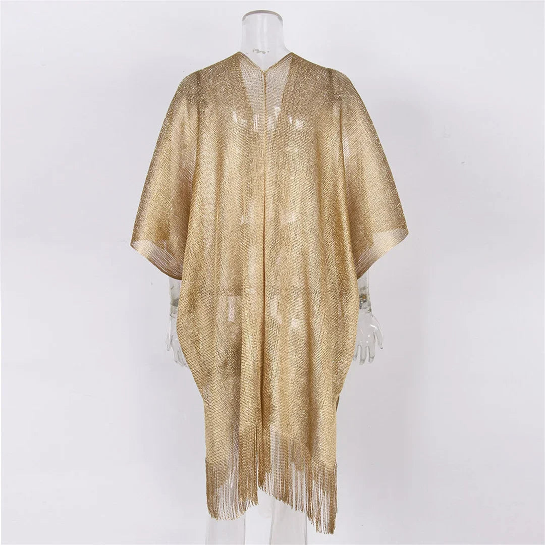 Sexy Fringe Tassel Mesh Sheer Shiny Knitted Tunic Beach Cover Up Cover-ups Beach Dress Beach Wear Beachwear Female Women V3321