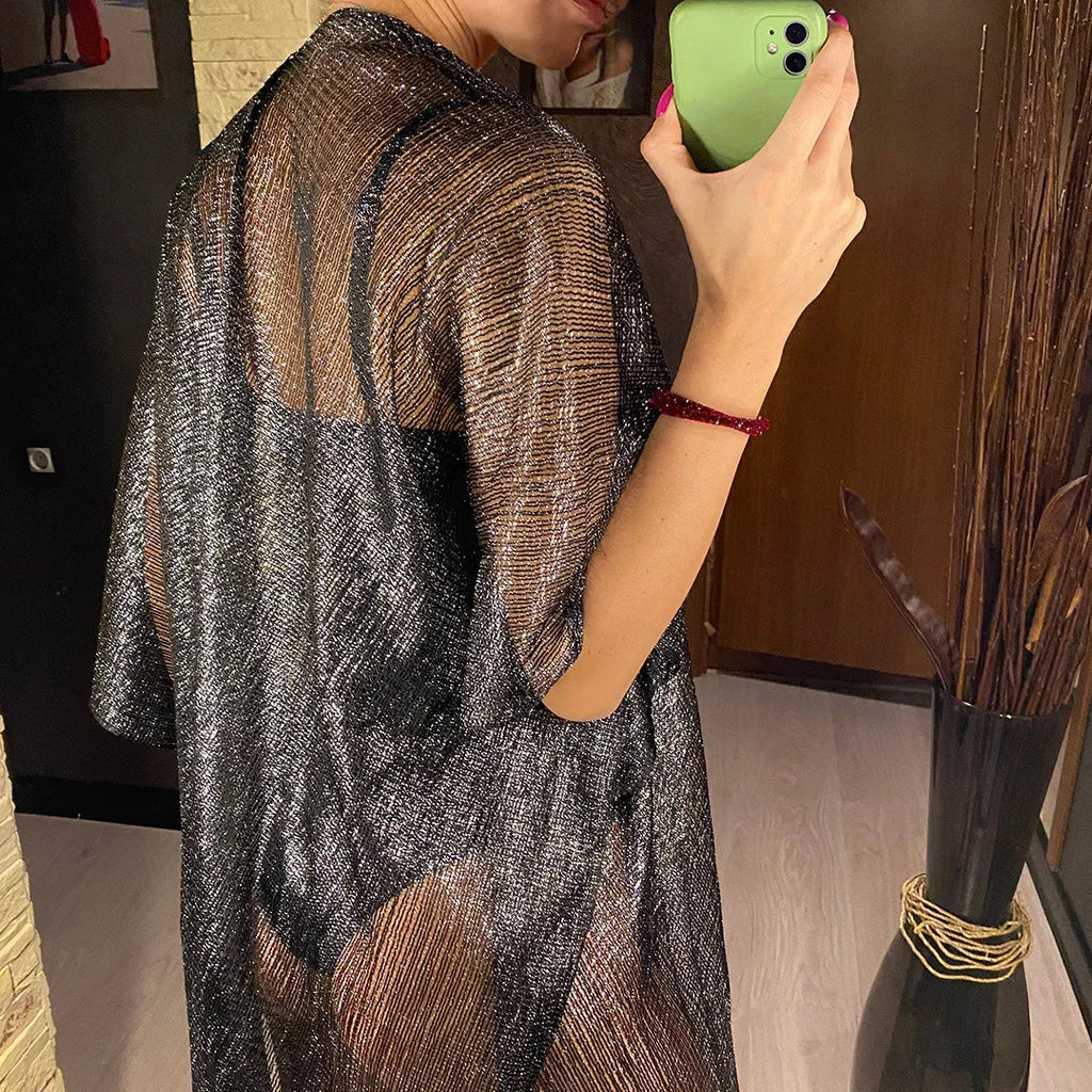 Sexy Fringe Tassel Mesh Sheer Shiny Knitted Tunic Beach Cover Up Cover-ups Beach Dress Beach Wear Beachwear Female Women V3321