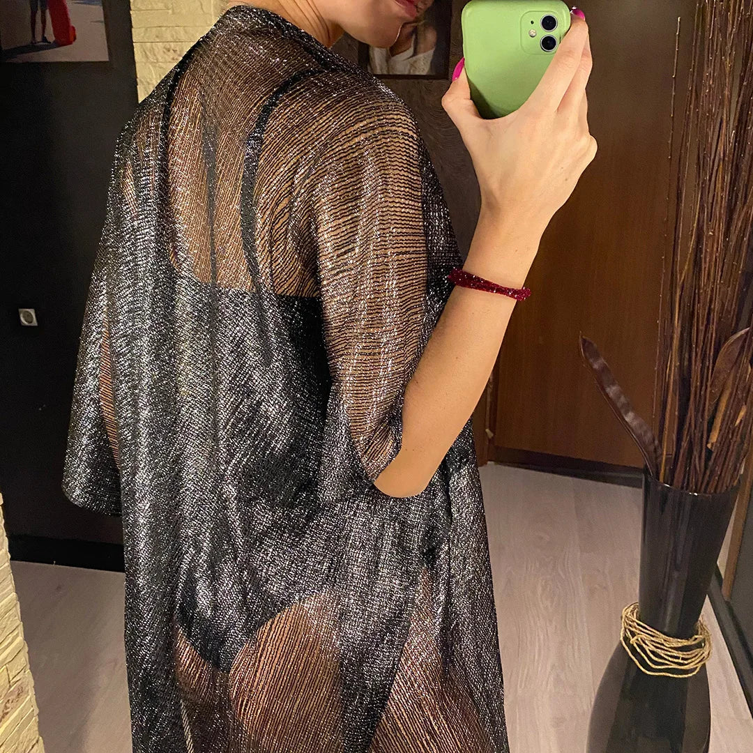 Sexy Fringe Tassel Mesh Sheer Shiny Knitted Tunic Beach Cover Up Cover-ups Beach Dress Beach Wear Beachwear Female Women V3321