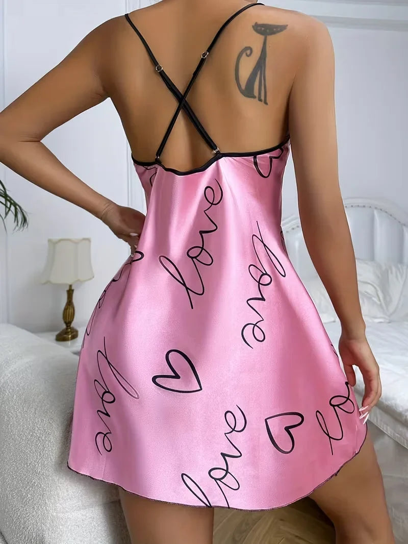 Valentine's Day Heart Printed Silk Satin Nightgowns for Women Sleepwear Sexy Nightdress Backless Nighties Lounge Wear