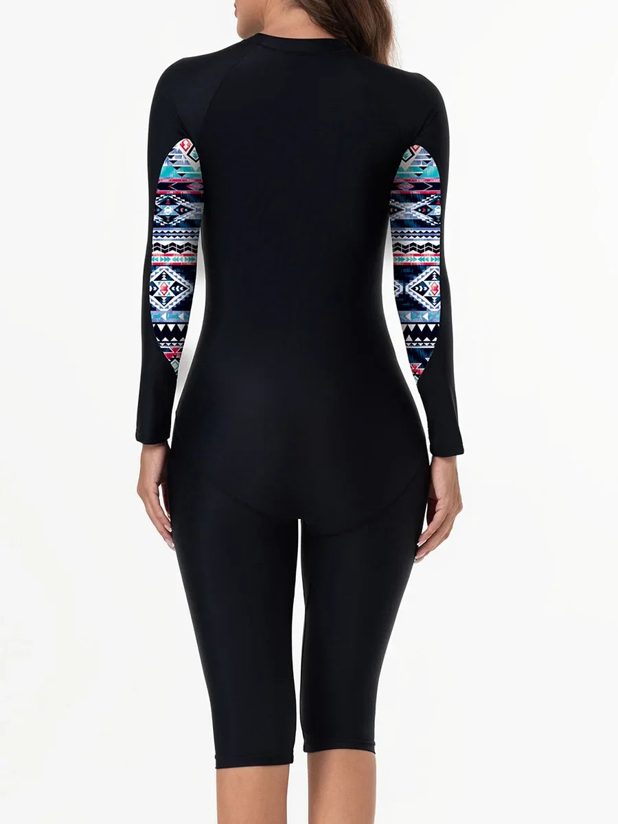 2026 Zipper Rushguard Long Sleeve Surfing Swimsuit Women One Piece Printed Swimwear Female Bather Bathing Swimming Swim Suit XXL