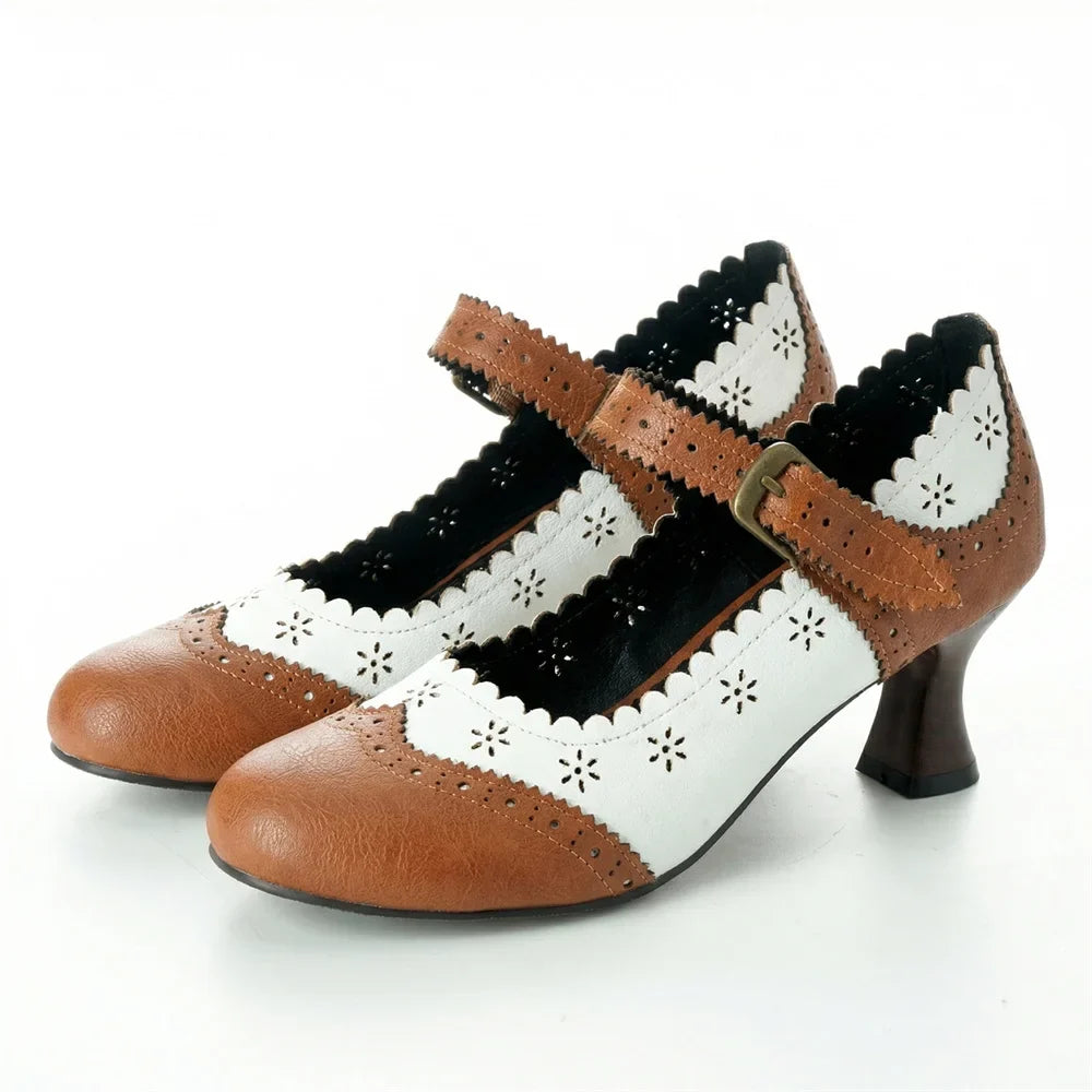 2026 Plus Size 50 Vintage Brown 6cm Kitten Heels Mary Janes Pumps Retro Daily Wear Summer Office Lady Brogue Shoes Women