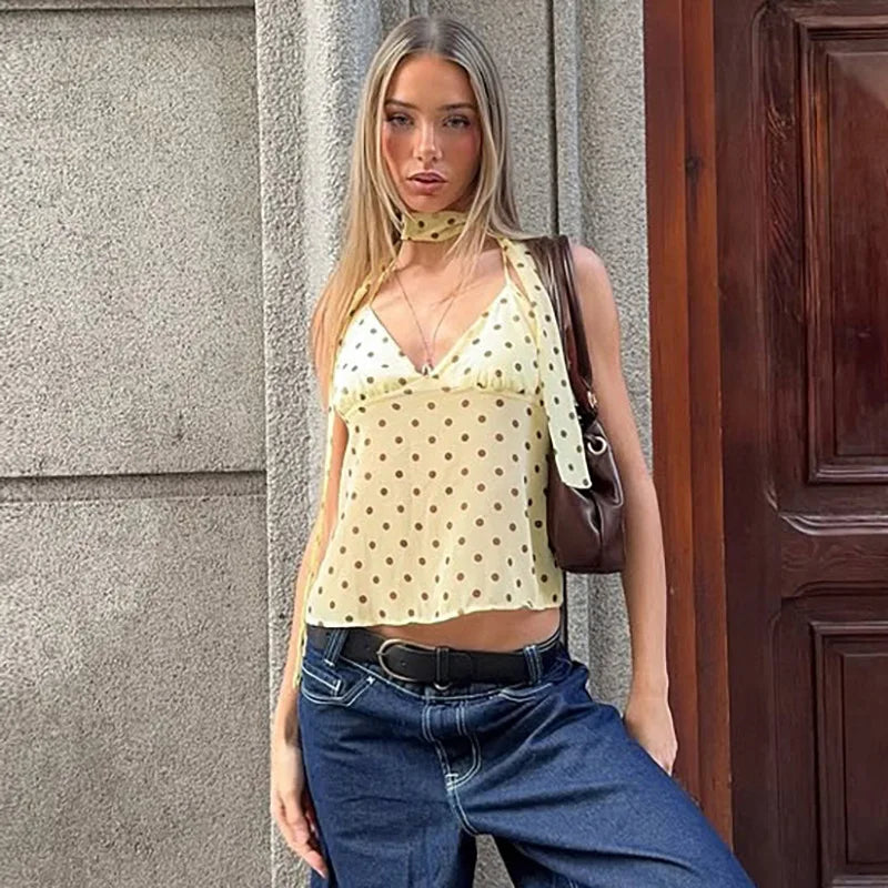 FDYOUI Y2K Bandage Polka Dot Crop Top Women 2026 Summer Sexy Halter Lace-up Camisoles Girls Chic Backless Tanks Tops Streetwear