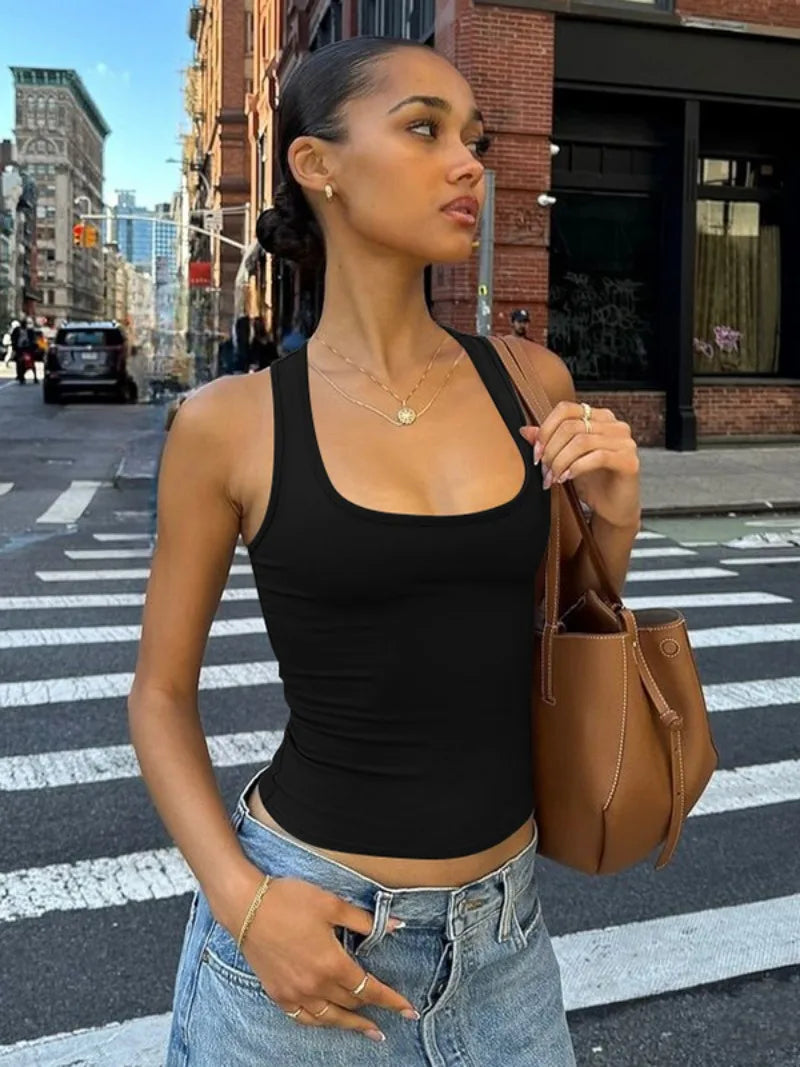 Women's Fashion Solid Tank Tops 2026 Streetwear Sleeveless T-shirt Female Square Collar Skinny Corset Y2K Girls Gray Crop Top