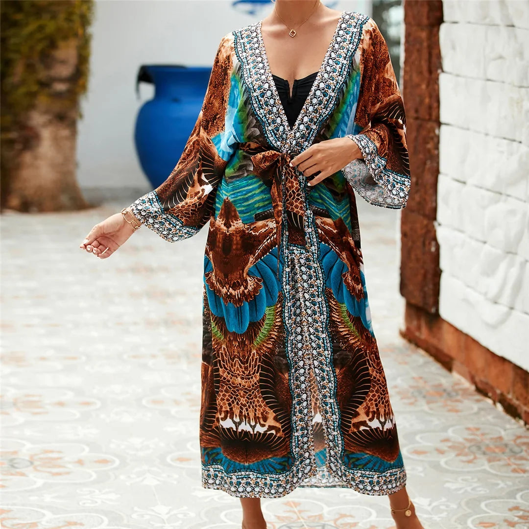 13 Colors Printed With Belt Crochet Knitted Tunic Beach Dress Beach Wear Beachwear Beach Cover Up Cover-upsFemale Women V7201