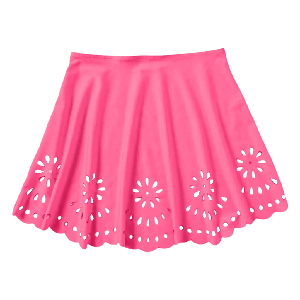 Women Solid High Waist Swim Skirts Hollow Out Floral Cutout Scalloped Hem A Line Bikini Cover Up Skirt Vacation Pool Beachwear