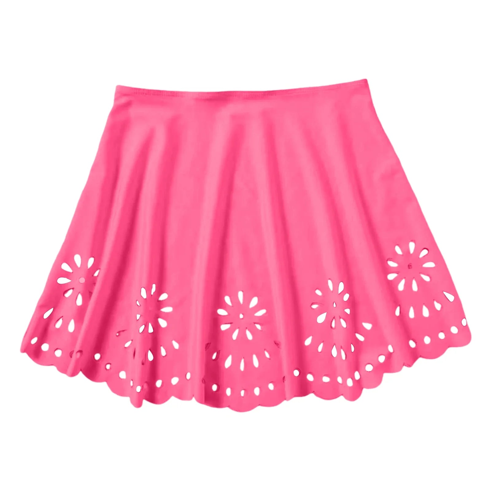 Women Solid High Waist Swim Skirts Hollow Out Floral Cutout Scalloped Hem A Line Bikini Cover Up Skirt Vacation Pool Beachwear