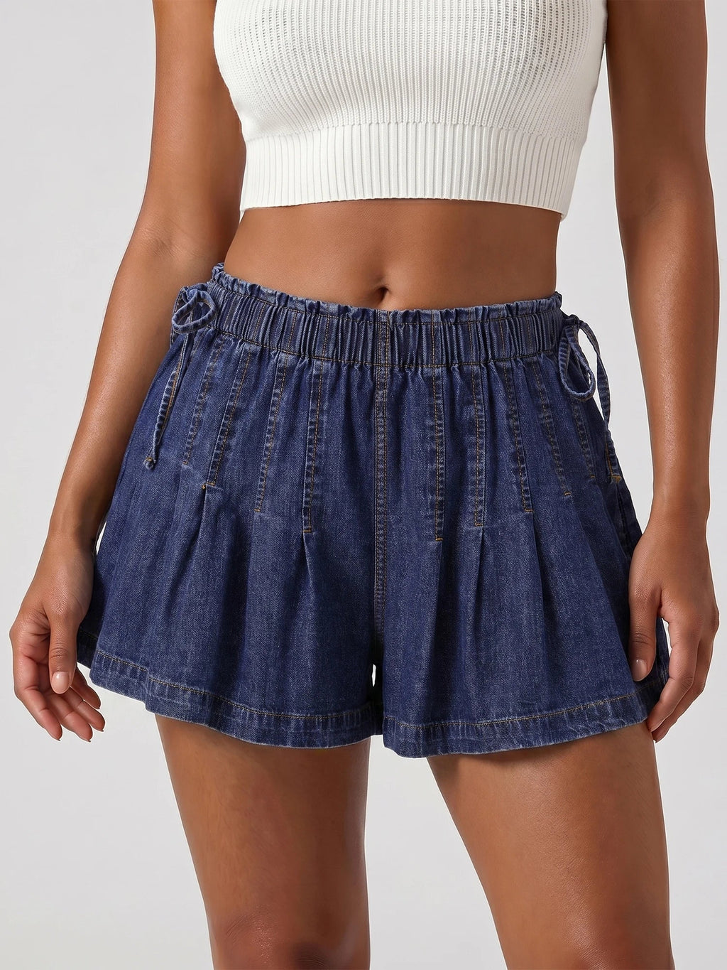 Womens Loose Fit Denim Shorts Drawstring Elastic Mid Rise Pleated Wide Leg Short Pants Casual Stylish Summer Skorts