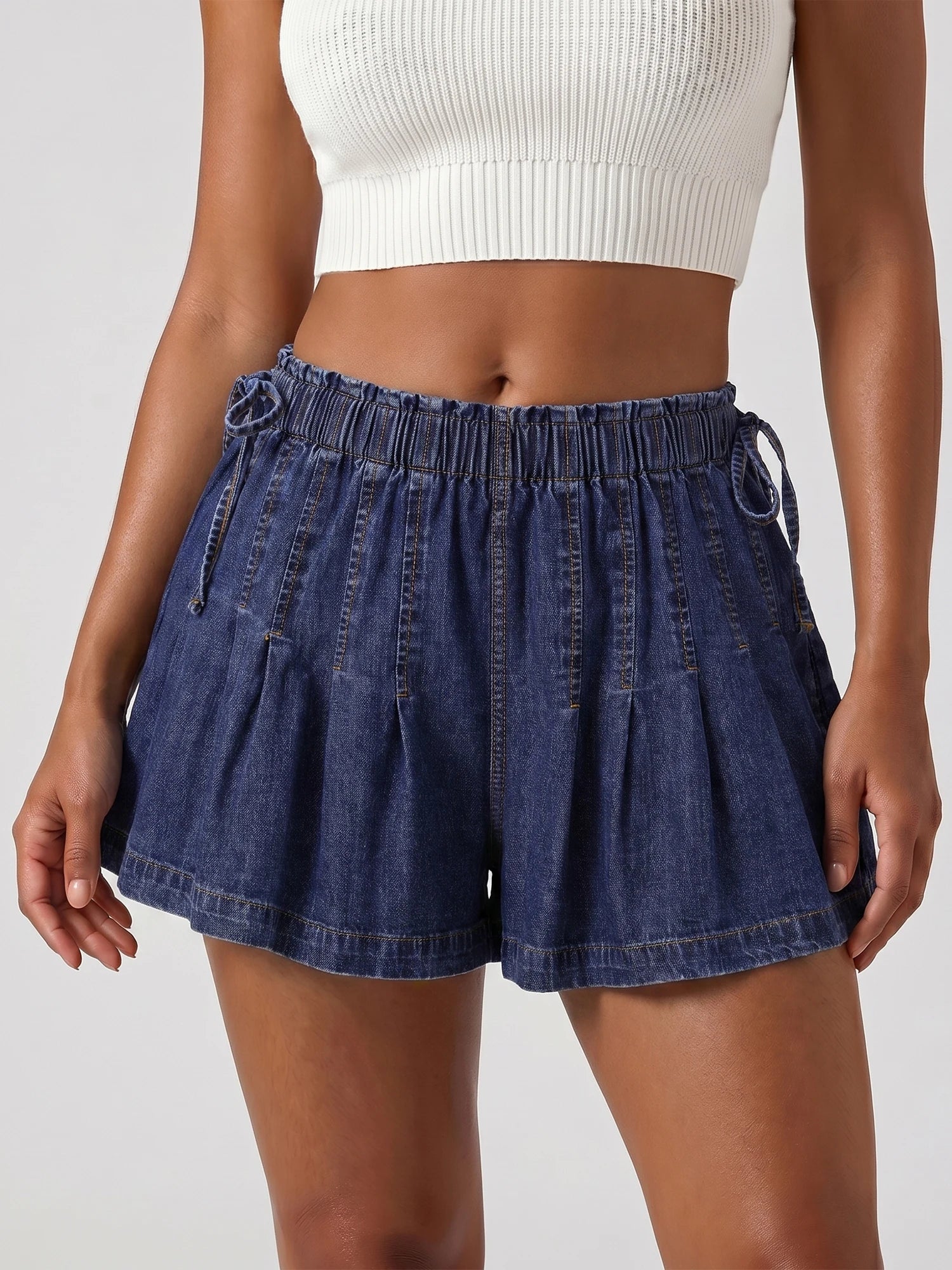 Womens Loose Fit Denim Shorts Drawstring Elastic Mid Rise Pleated Wide Leg Short Pants Casual Stylish Summer Skorts