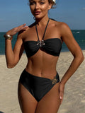 Sexy Metal Five-pointed Star Bikini Set Women White Halter Pleate Push Up High Waist Swimsuit 2025 Summer Bathing Suit Swimwear