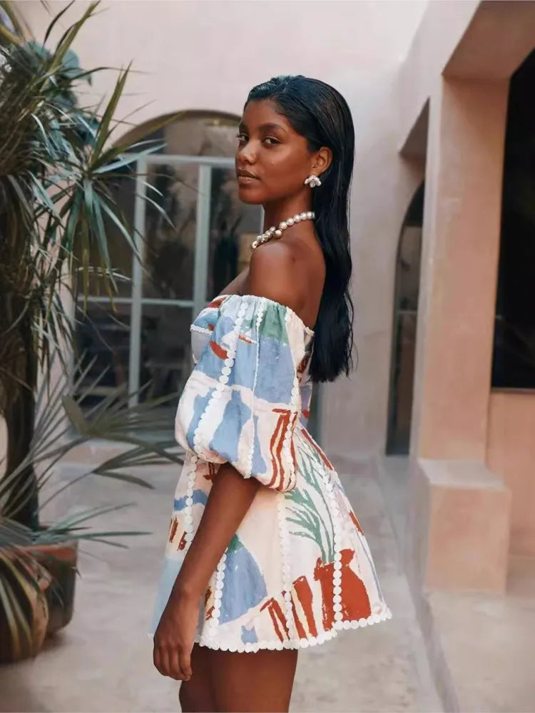 Women Vintage Print Patchwork Mini Dress Summer Sexy Fashion Elegant Short Sleeve Bodycon Off Shoulder Backless Party Dresses