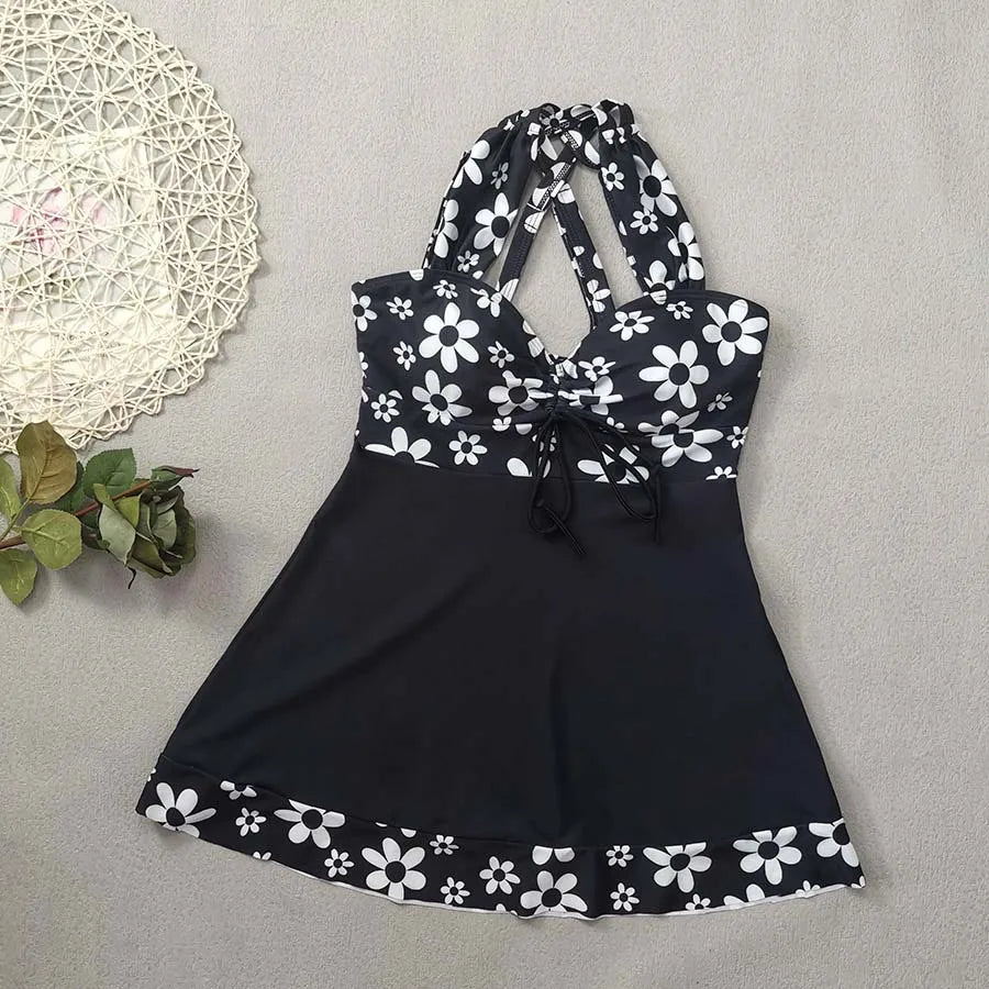 Vintage Black Flower Print Skirt Bikini Set 2026 Front Bow Crop Top Bathing Suit Swimwear Women's High Waist Swimsuit Tankini