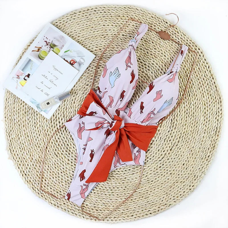2026 New Sexy One Piece Swimsuit Swimwear Women Deep V-neck Backless Hands Print Large Bowknot High Waist Beachwear Bathing Suit