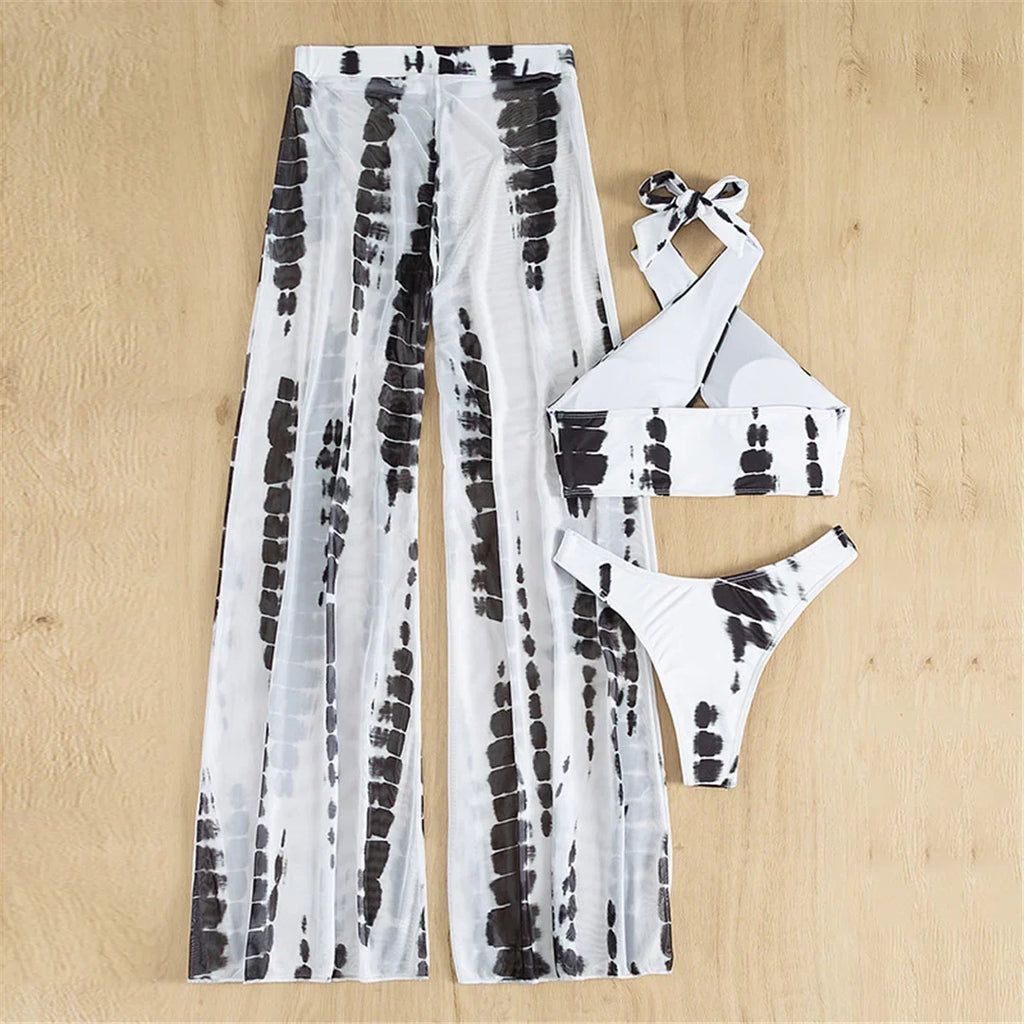 Halter Printed With Beach Pants Bikini Women Swimwear Female Swimsuit Three-pieces Bikini set Bather Bathing Suit Swim V3542