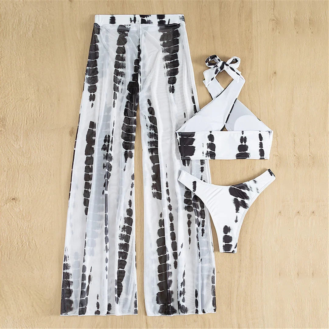 Halter Printed With Beach Pants Bikini Women Swimwear Female Swimsuit Three-pieces Bikini set Bather Bathing Suit Swim V3542