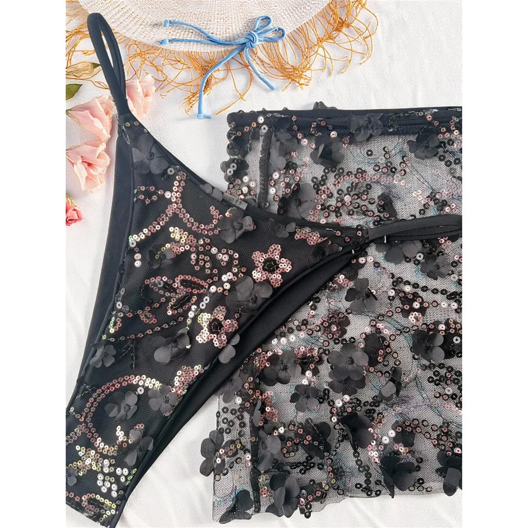 S - XL Three-pieces Bikini set With Skirt Flowers Sequins Bikini Female Swimsuit Women Swimwear Bather Bathing Suit Swim V7864