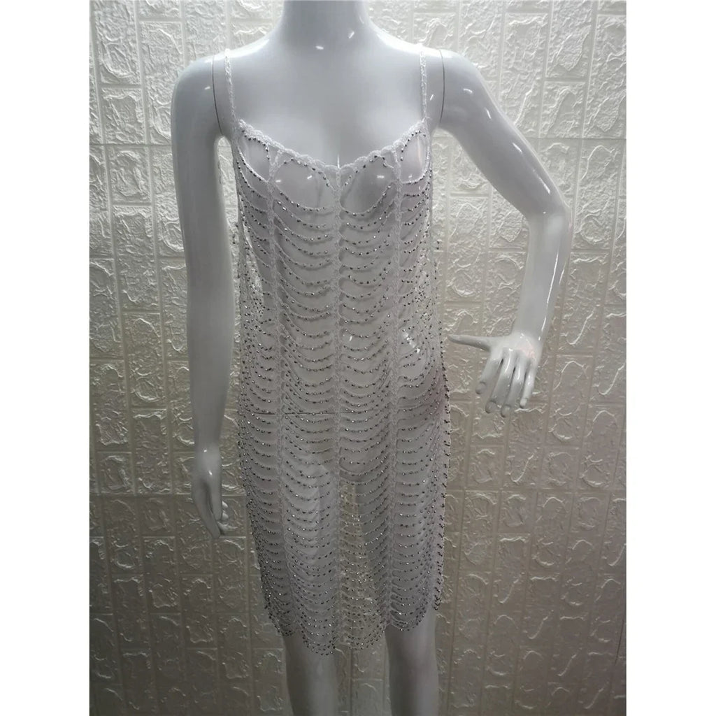 Luxury Bling Diamond Rhinestones Hollow Out Tunic Beach Cover Up Cover-ups Beach Dress Beach Wear Beachwear Female Women V4747SW
