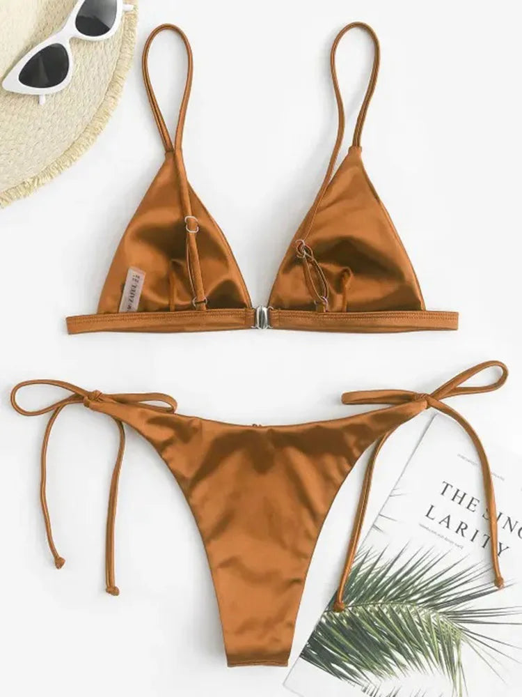 2025 Metallic Satin High Cut Brazilian Bikini Women Swimwear Female Swimsuit Two-pieces Bikini Set Bathing Suit Swim Beach Wear