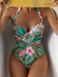 New Printed Conservative One-Piece Halter Neck Swimsuit Sexy Hard Bag Fashionable Holiday Beachwear High Waist Tie-Back Style