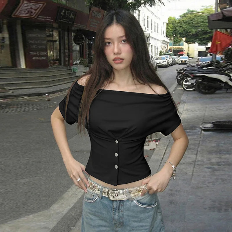 FDYOUI Fashion Casual Swinging Collar T-shirts Y2K Woman Clothes Short Sleeve Buttons Corset T Shirt Ladies Solid Crop Tops Tees
