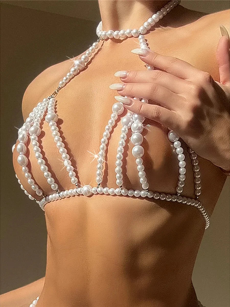Luxury Pearls Chain Halter Hollow Out See Through Bikini Top Female Swimsuit Women Swimwear Bather Bathing Suit Swim Beach Top