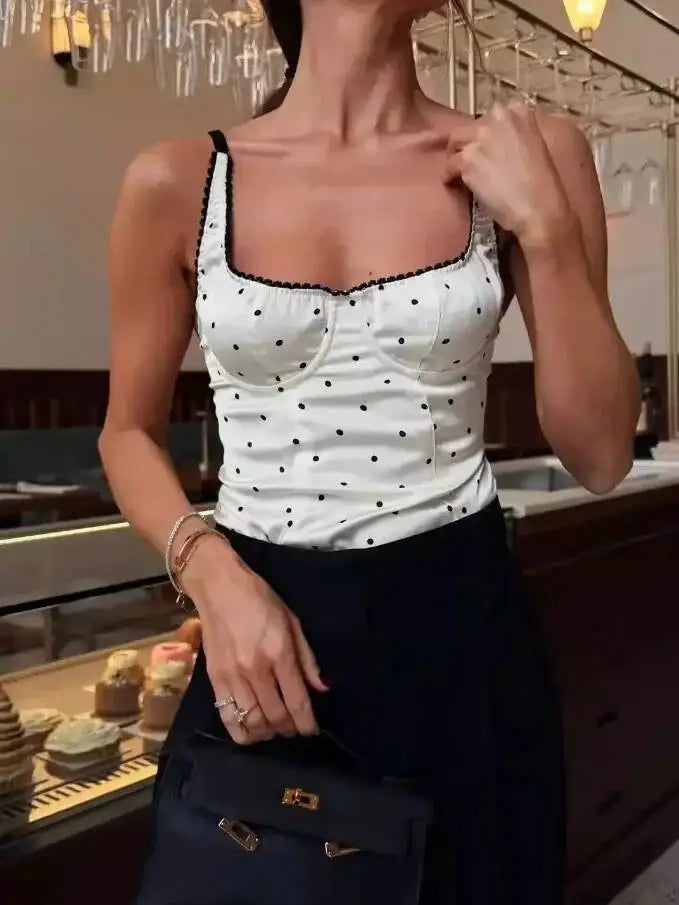 Fashion Sexy Polka Dot For Women And Stylish Off-Shoulder Top White Polka Dot Top With Lace Trim Square Neckline For Women 7RGH