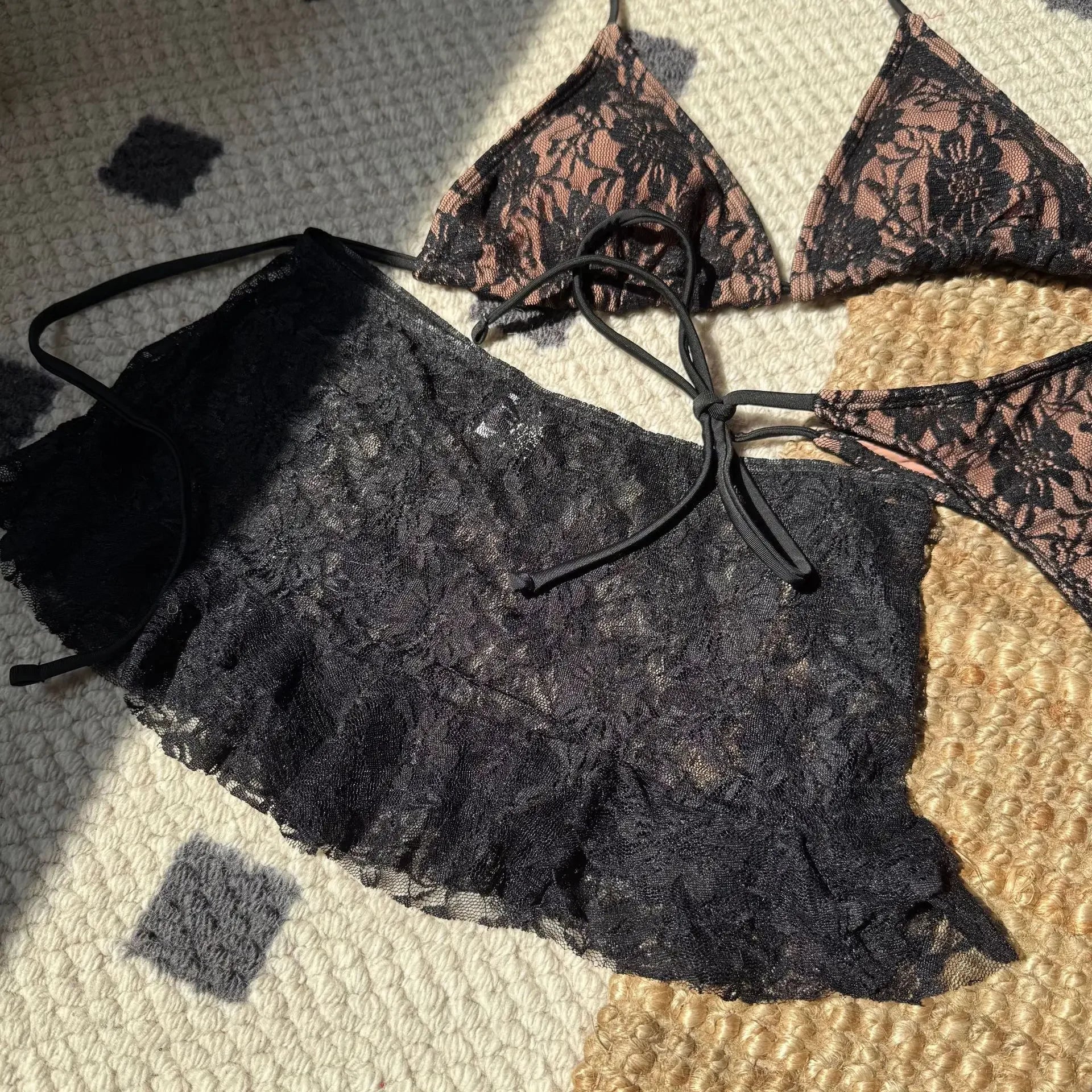 Sexy Lace Micro Mini String Halter Tie Bikinis Sets 3pcs with Ruffles Mini Skirt Black Red Color Swimwear Swimsuit Bathing Suit