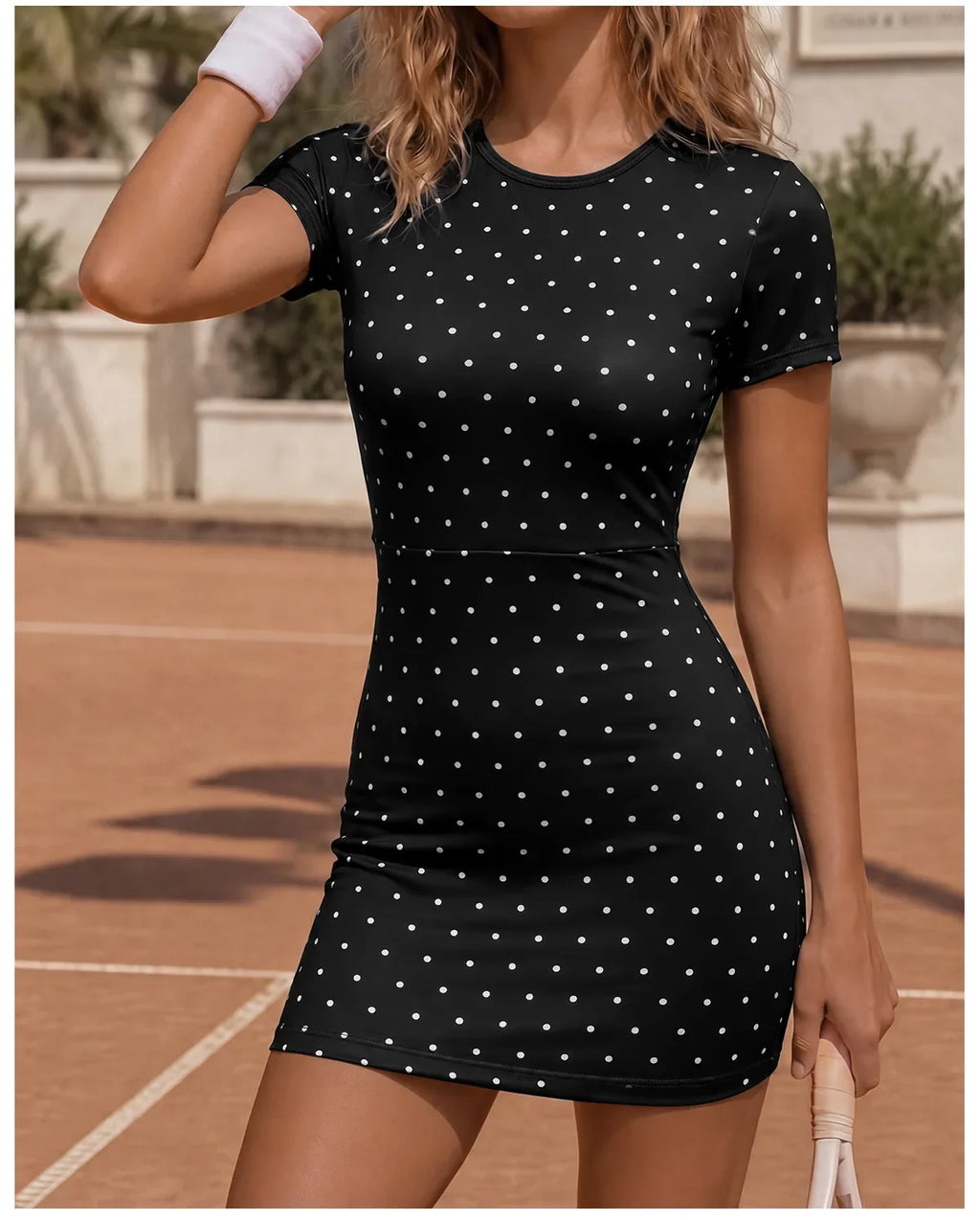 Retro Polka Dot Sports Tennis Dresses Women Quick Drying Round Neck Short Sleeve Back Hollow Cross Slim Yoga Golf Fitness Dress