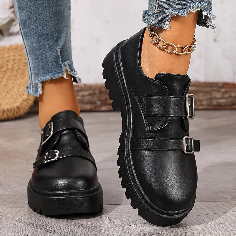 Fashion Double Buckle Platform Loafers Women British Style Thick Bottom Pu Leather Shoes Woman Comfort Round Toe Student Shoes