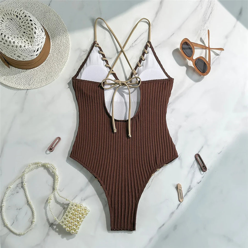 5 Colors V Neck Ribbed Cross Back One Piece Swimsuit Women Swimwear Female High Leg Cut Monokini  Bather Bathing Suit Swim V6278