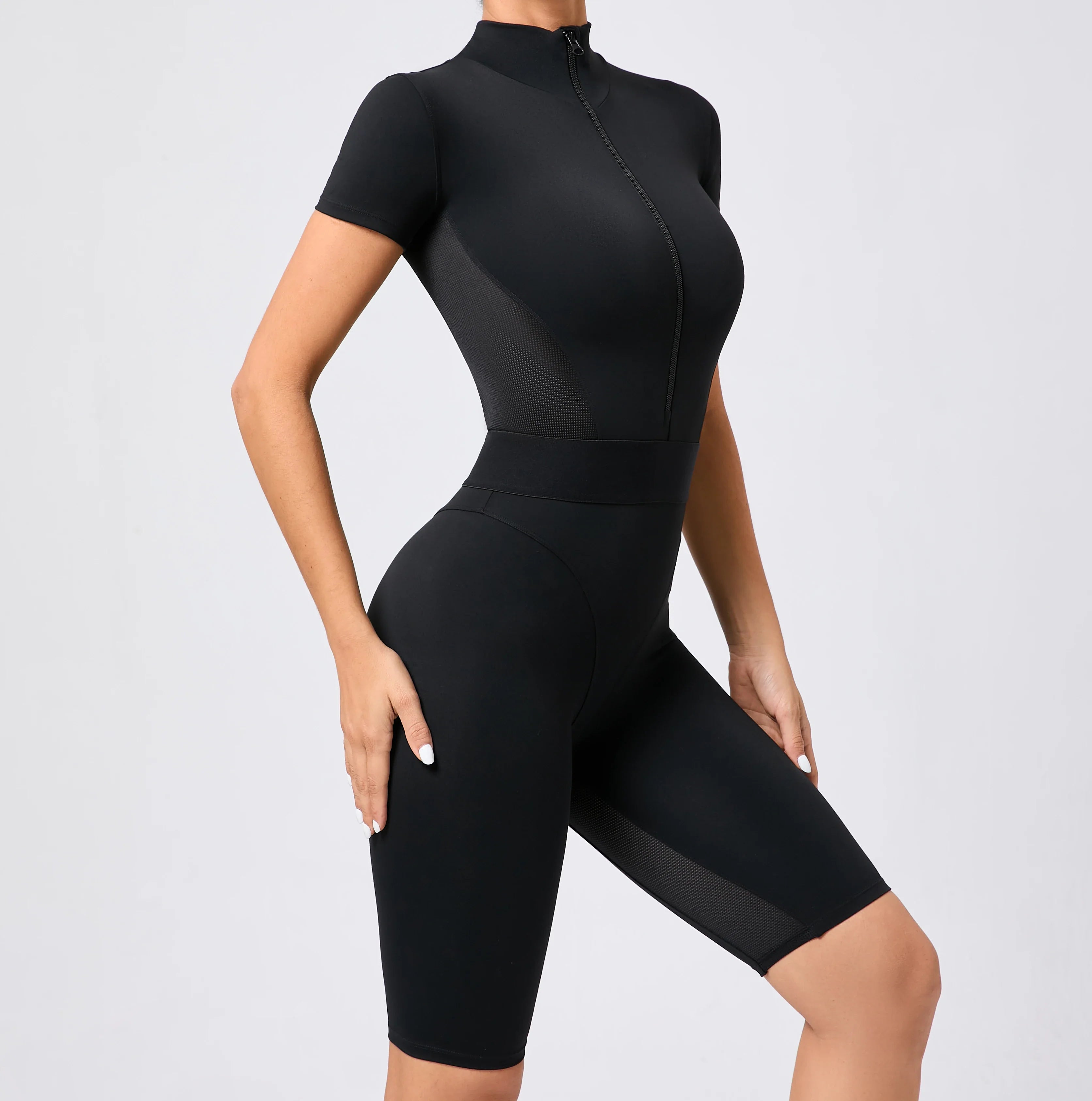 Women's One-Piece Suit Zipper Short Sleeve Gym Push Up Workout Clothes Fitness Short Bodysuit Sportswear Jumpsuits