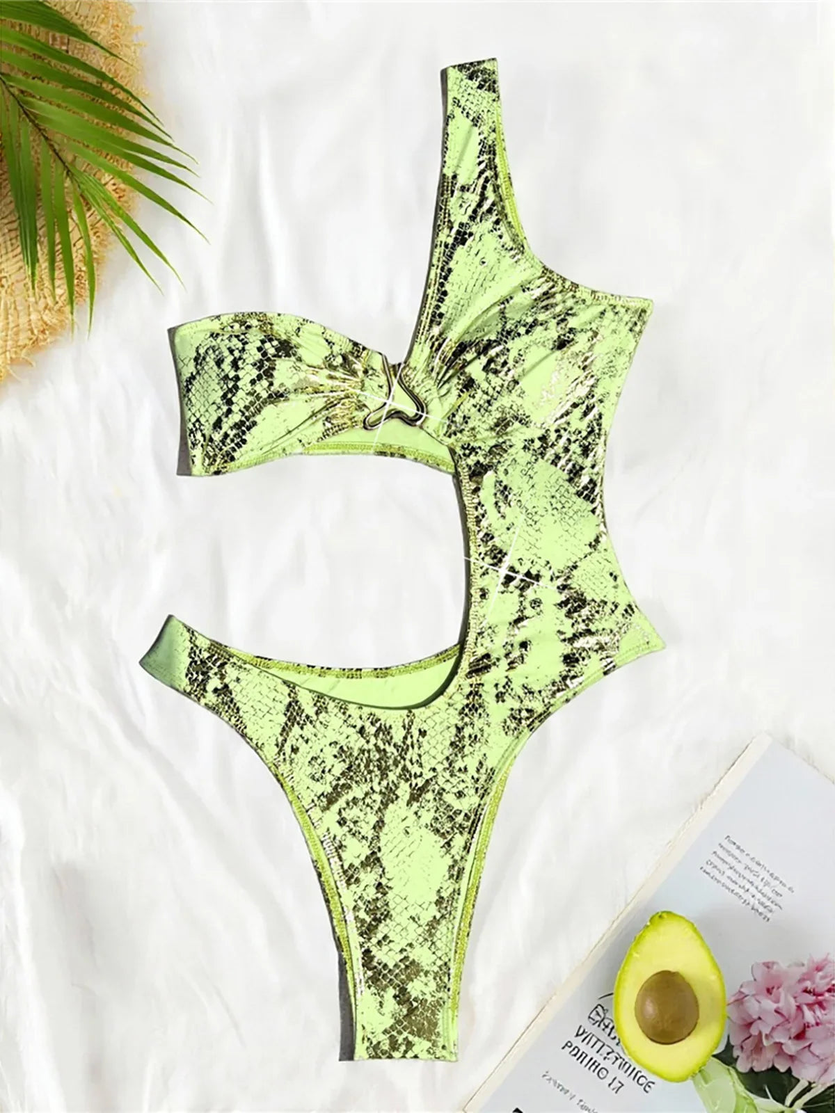 S - XL Asymmetric Printed Cut Out One Piece Swimsuit Women Swimwear Female One Shoulder Padded Bather Bathing Suit Swim K7318