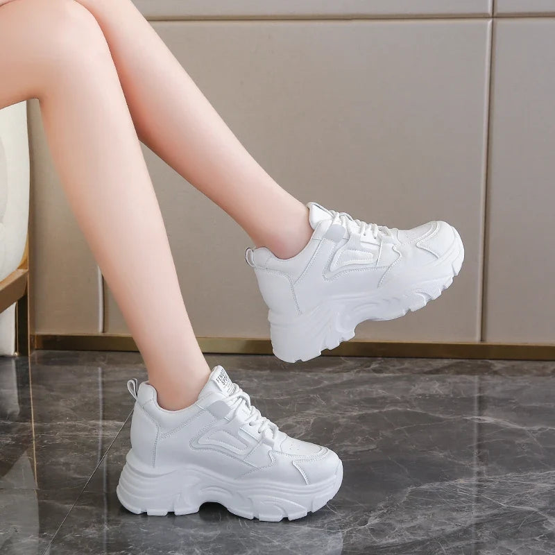 White Platform Women's Sneakers 2025 Autumn Lace-Up Thick Bottom Sports Shoes Woman Pu Leather Breathable Walking Shoes Female