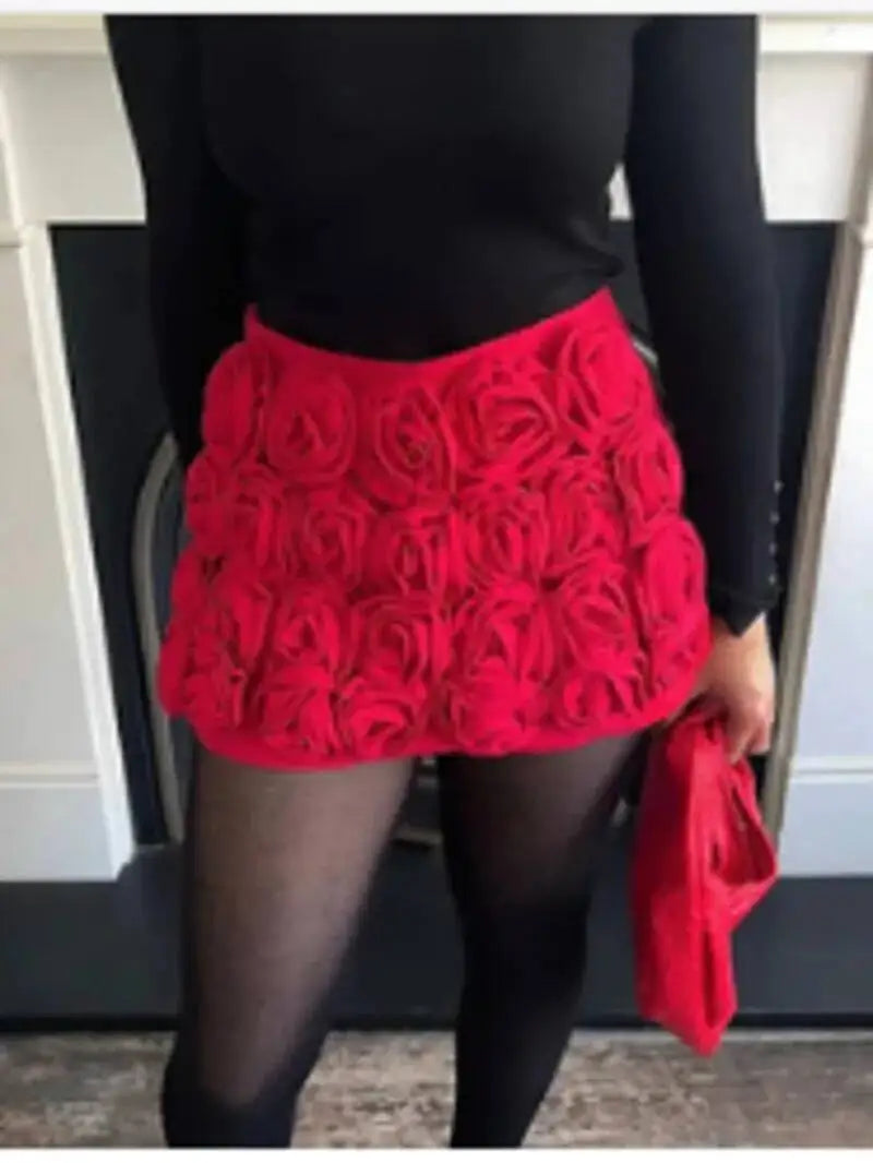 Fashion Three-dimensional 3D Rose Flower Decoration Women's Skirts Mid Waist Red Mini Skirts Summer 2026 New Sweet Women PM27