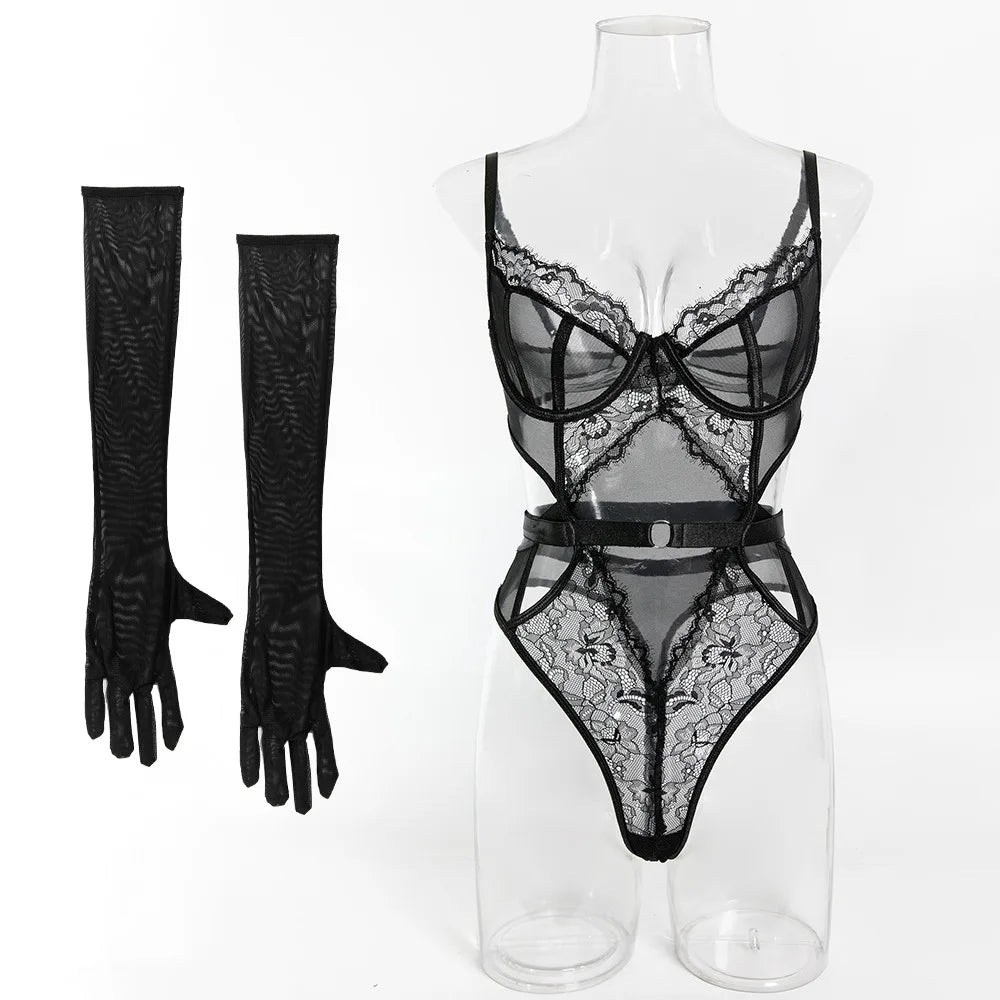 Women's Sexy Black Lace See-Through Jumpsuit - Hollow Mesh Shapewear Bodysuit for Special Occasions