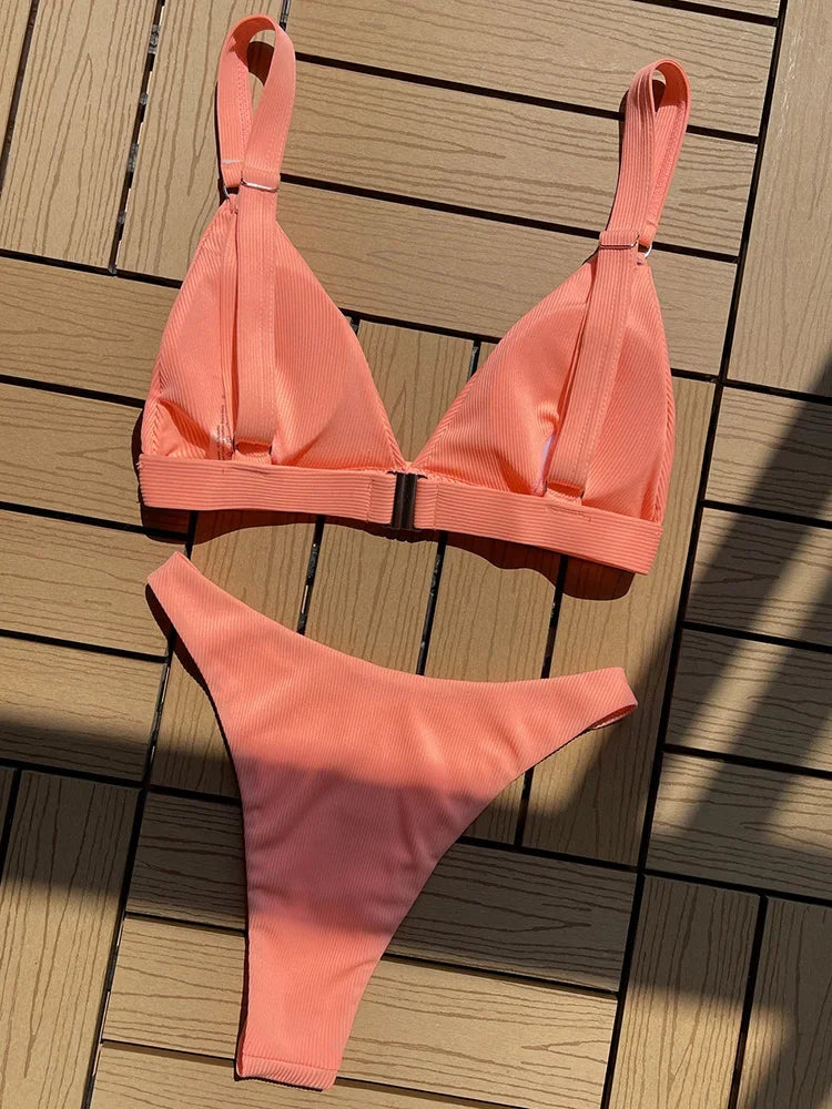 Ribbed Triangle High Cut Bikini Women Swimsuit Female Thong Swimwear Two Pieces Bikini Set Rings Bather Bathing Suit Swim Lady