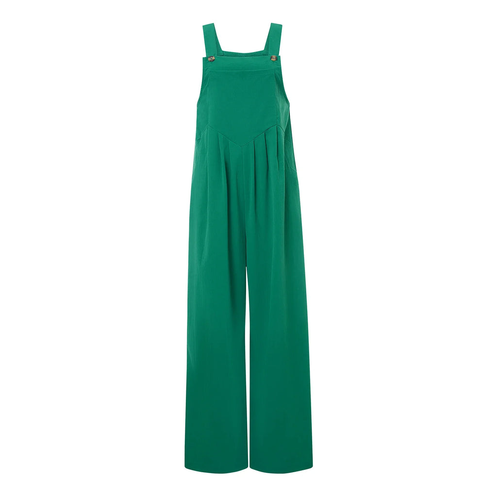 Women Fashion Jumpsuits Sleeveless Buttons Suspender Wide Leg Pant Overalls with Pockets Casual Loose Romper Streetwear