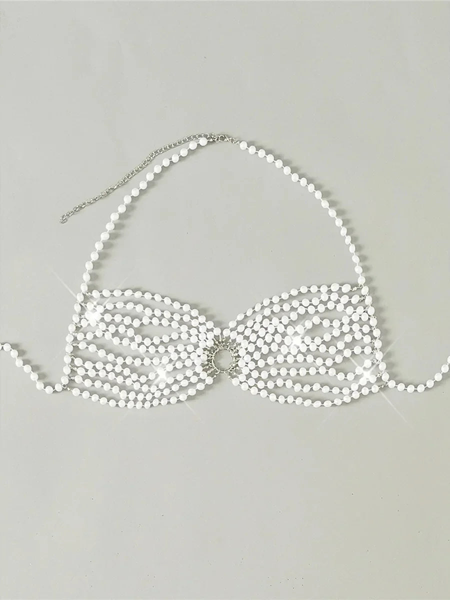 Luxury Pearls Chain Halter Hollow Out See Through Bikini Top Female Swimsuit Women Swimwear Bather Bathing Suit Swim Beach Top