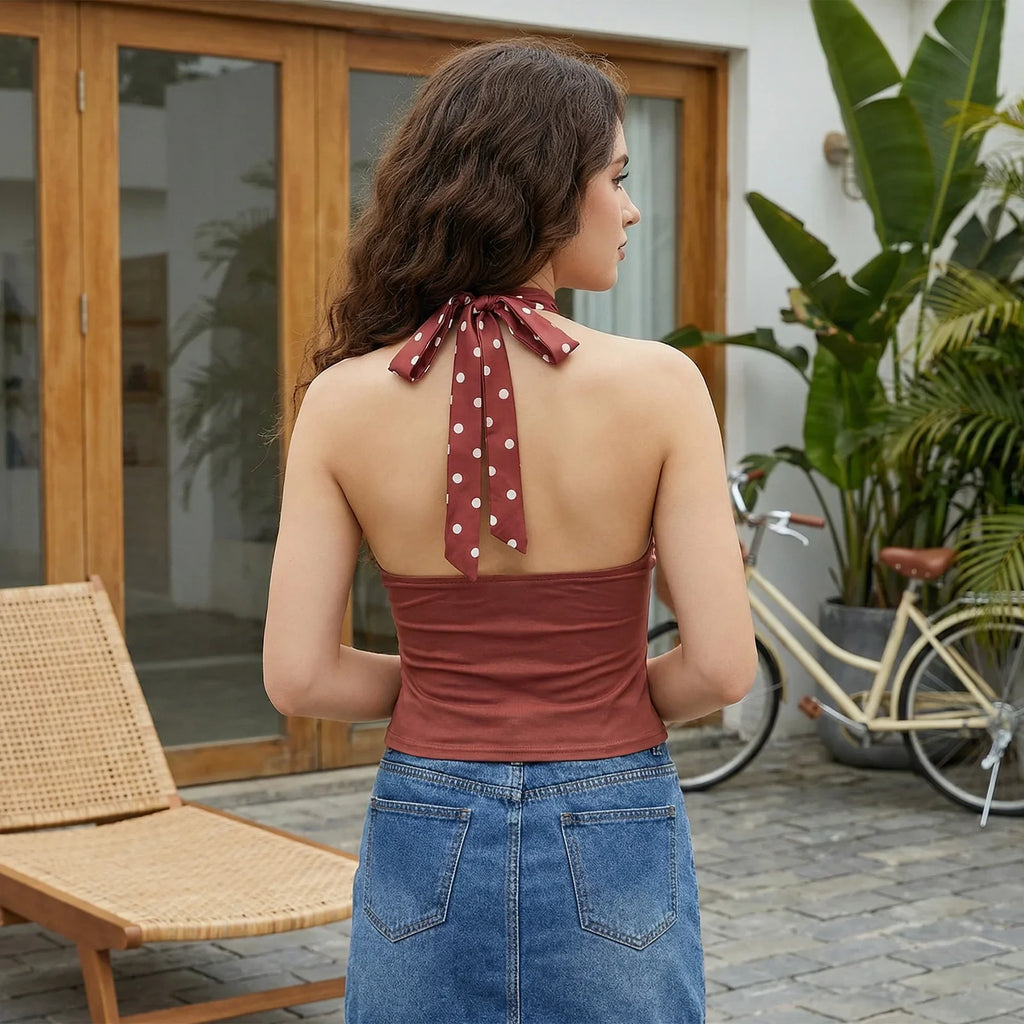 Women's Summer Halter Neck Camisole Sleeveless Open Back Trendy Dot Print Tank Tops