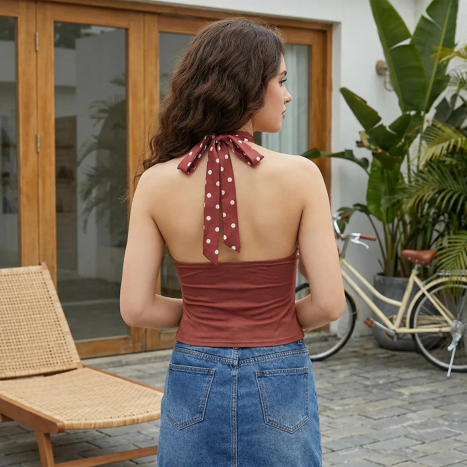 Women's Summer Halter Neck Camisole Sleeveless Open Back Trendy Dot Print Tank Tops