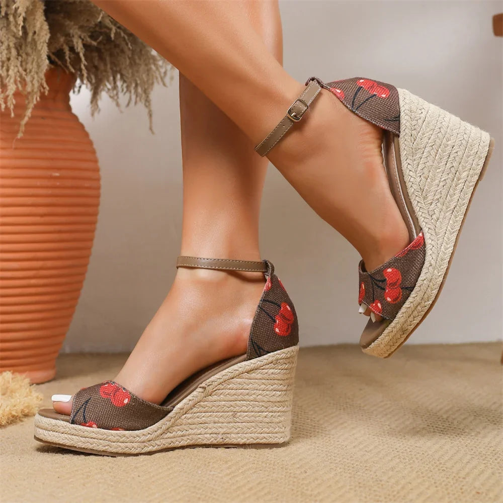 EUR Size 45 Leisure Espadrille Wedge Sandals Women Cherry Summer High Heels Shoes Beach Vacation Platform Ankle Strap Sandals