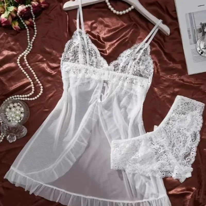 Women Sexy V-neck Lace Trimmed Mesh Splicing Strap Transparent Mini Dress Pure Desire Deep V Sleeveless Charming Nightclub TQO2